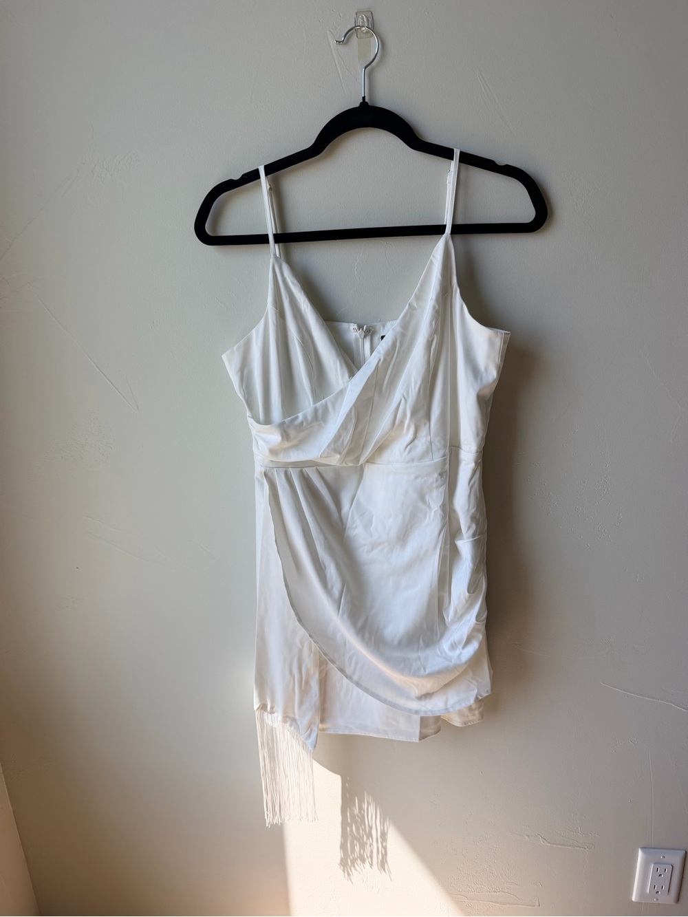 Lulu's White Satin Slip Dress with Fringe Hem